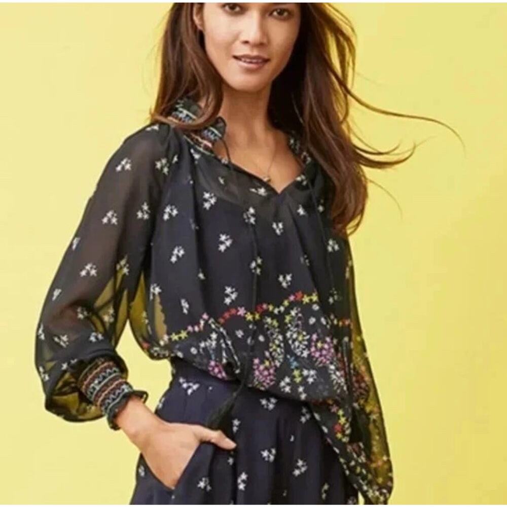 Cabi Enjoy Blouse Floral Tassel Paisley Sheer Blouse Top Navy Blue 5784 Large